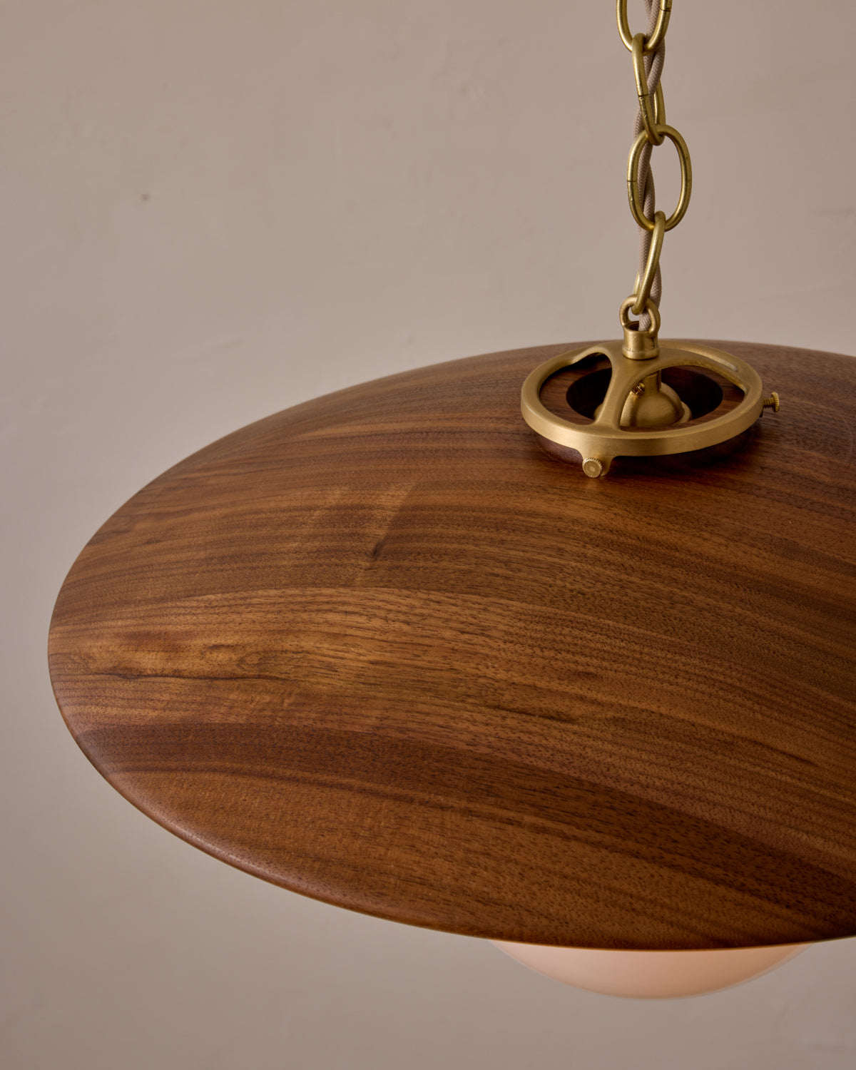 Large pendant light with oversized clear glass globe and decorative wooden clear maple shade with brass chain #shade-finish_black walnut #globe_white glass #cord-color_beige
