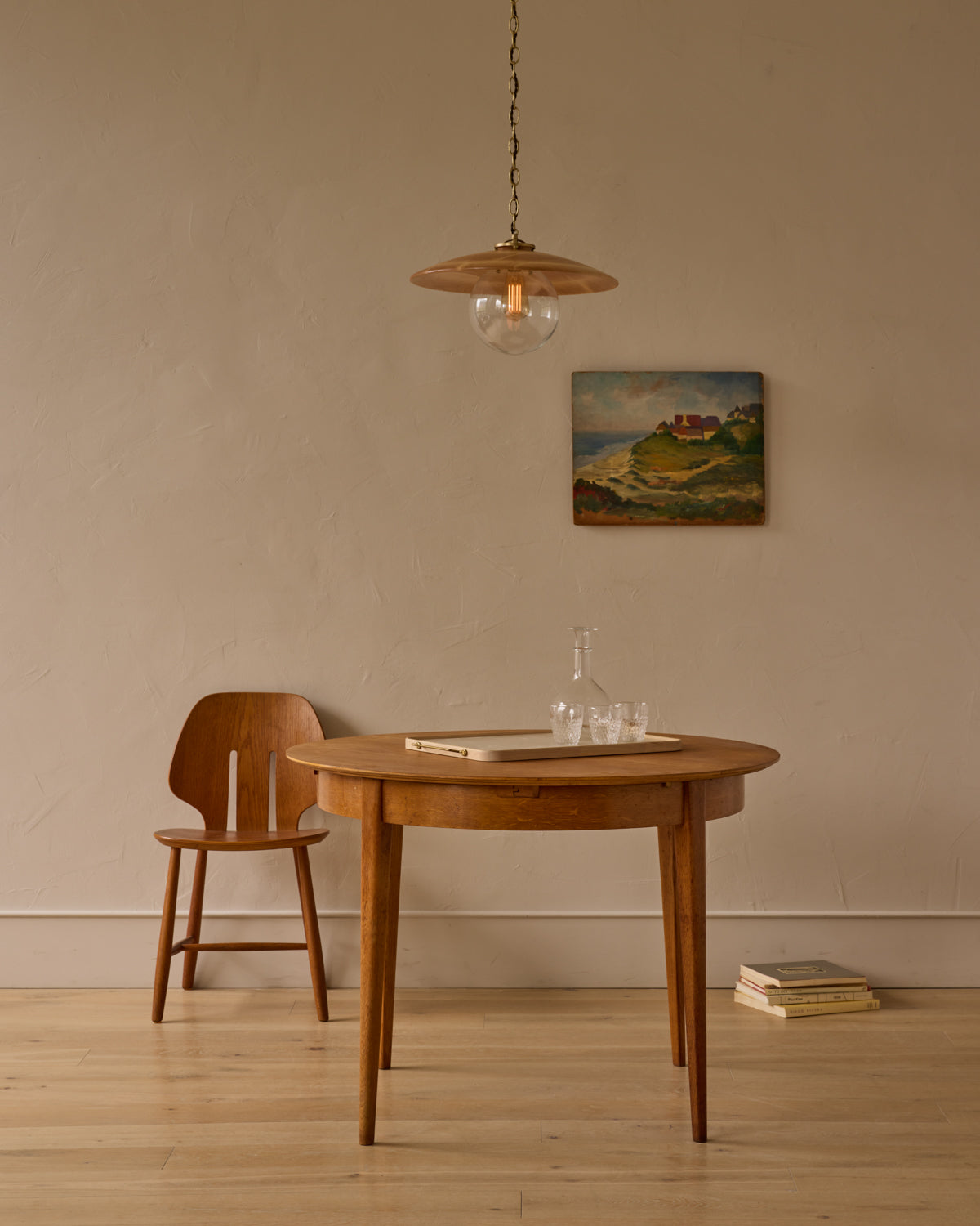 Large pendant light with oversized clear glass globe and decorative wooden clear maple shade with brass chain #shade-finish_natural maple #globe_clear glass #cord-color_brown