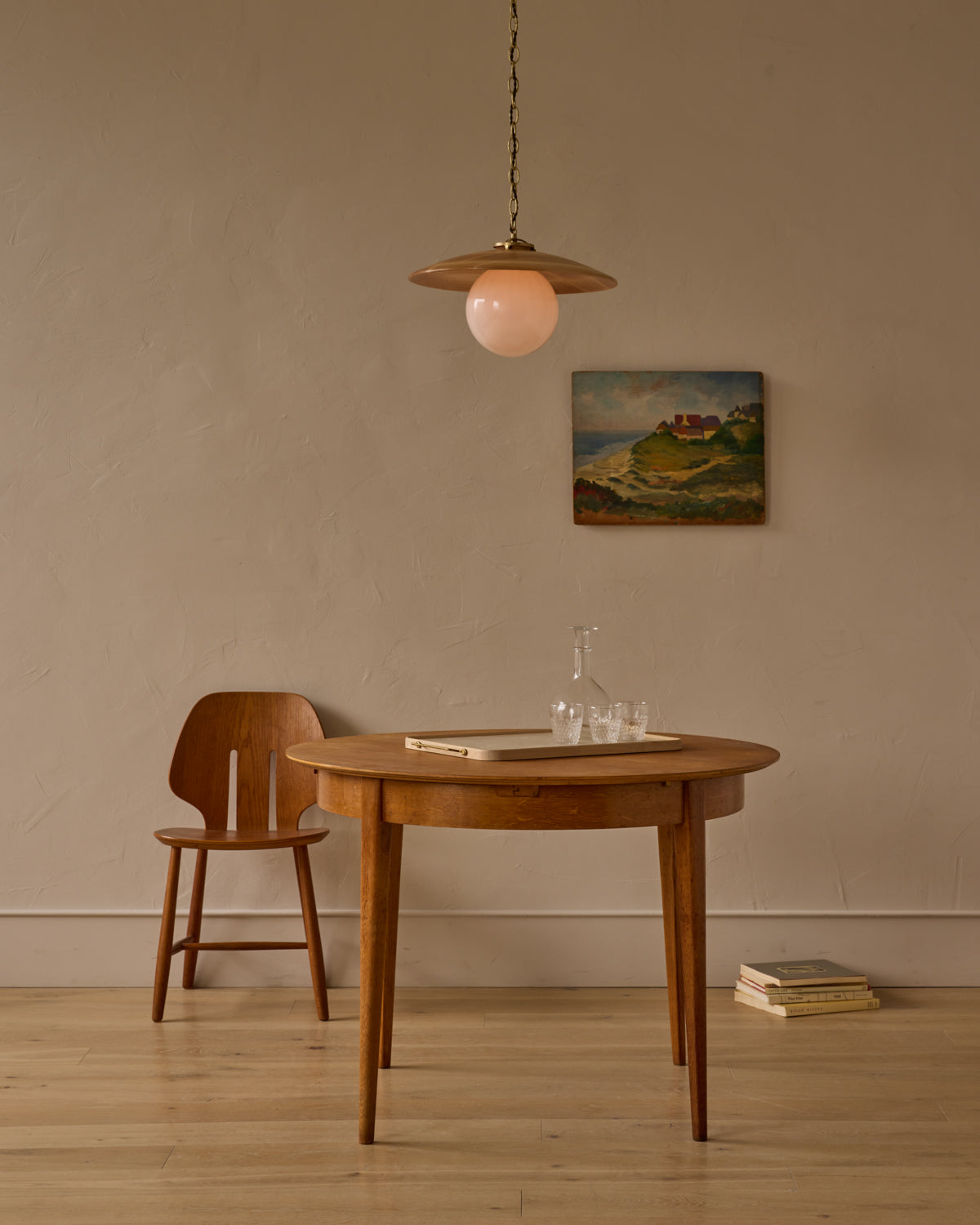 Large pendant light with oversized clear glass globe and decorative wooden clear maple shade with brass chain #shade-finish_natural maple #globe_white glass #cord-color_brown
