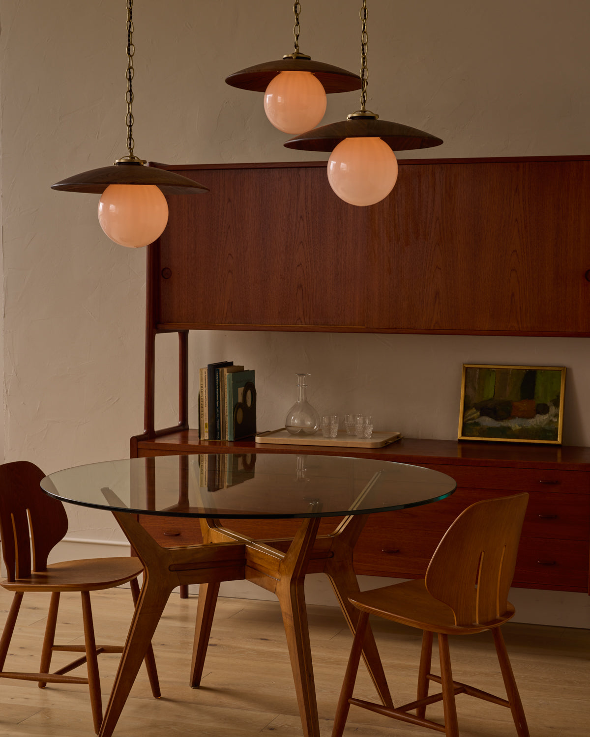 Large pendant light with oversized clear glass globe and decorative wooden clear maple shade with brass chain #shade-finish_black walnut #globe_white glass #cord-color_brown