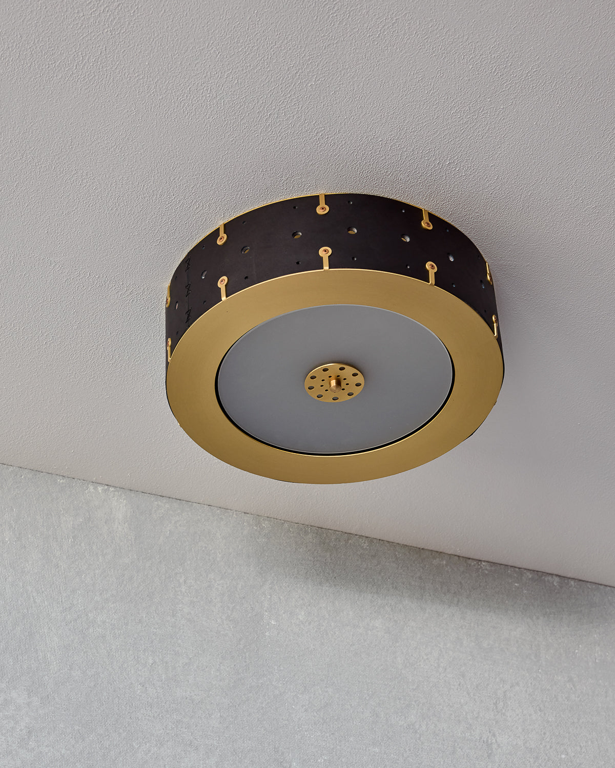 Beautiful satin brass flush mount ceiling fixture with handstitched leather drum shade #leather-finish_black harness #size_14" drum