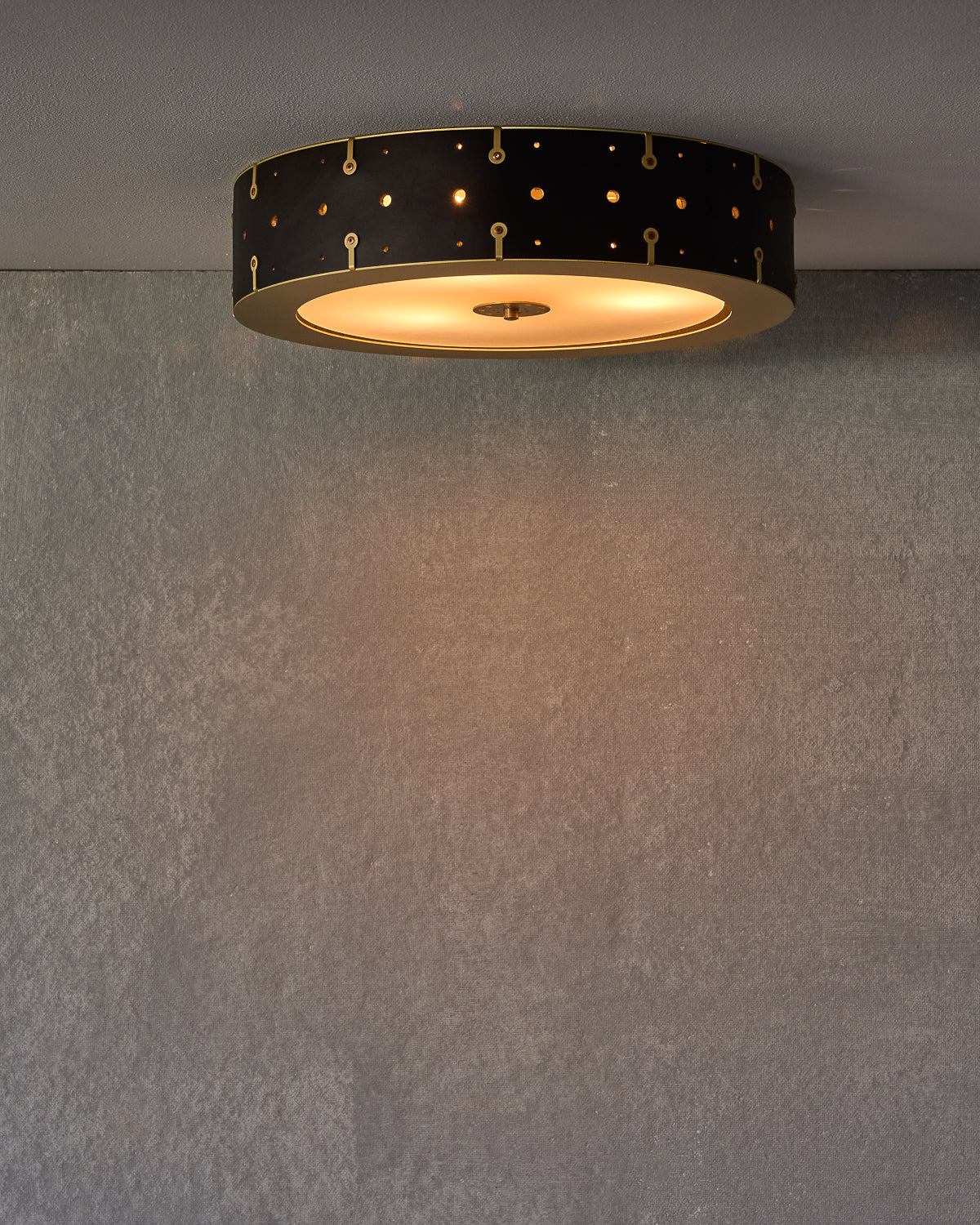 Beautiful satin brass flush mount ceiling fixture with handstitched leather drum shade #leather-finish_black harness #size_18" drum