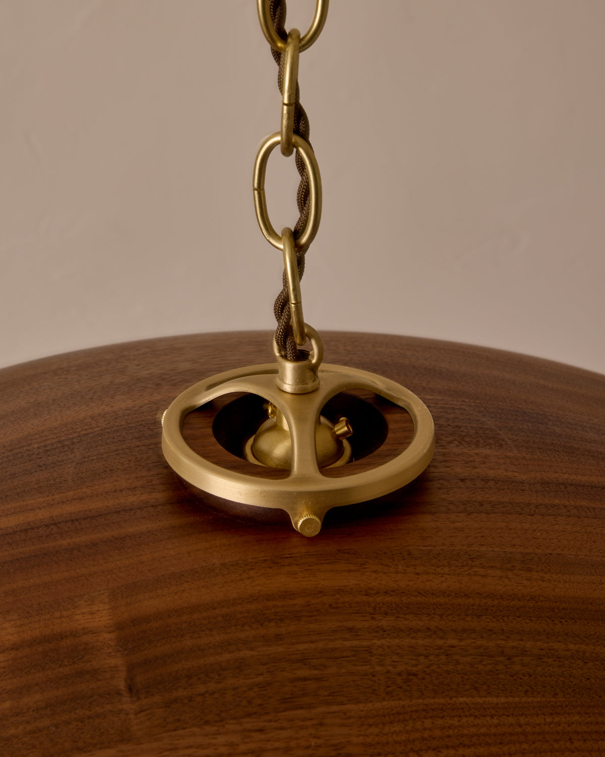 Large pendant light with oversized clear glass globe and decorative wooden clear maple shade with brass chain #shade-finish_black walnut #cord-color_brown