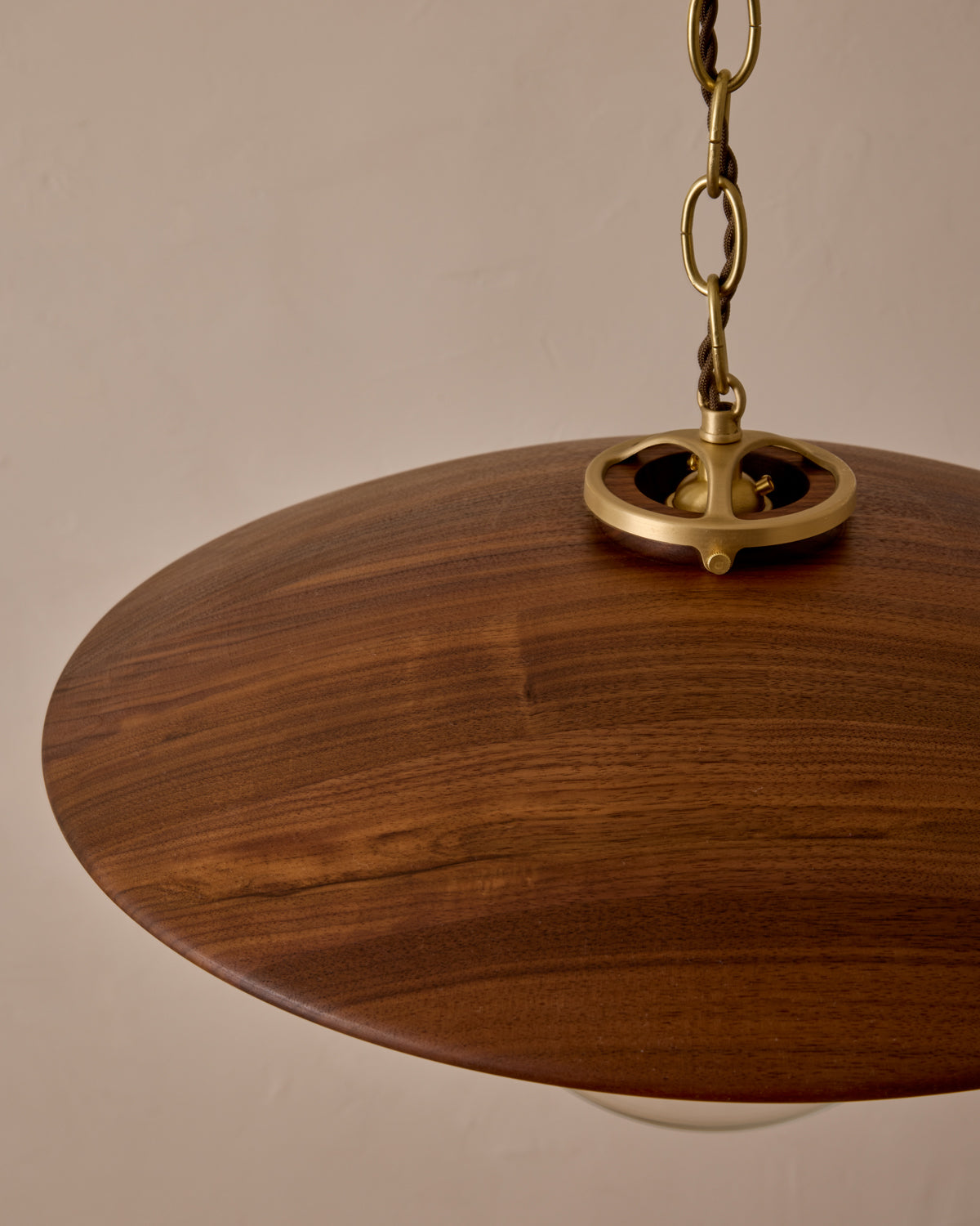 Large pendant light with oversized clear glass globe and decorative wooden clear maple shade with brass chain #shade-finish_black walnut #globe_clear glass #cord-color_brown
