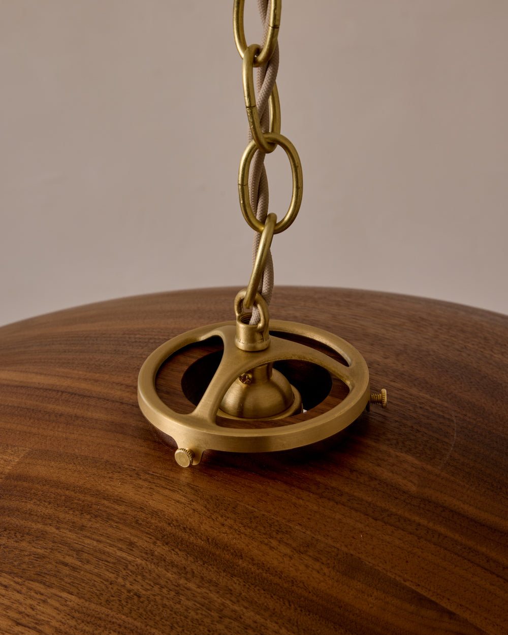 Large pendant light with oversized clear glass globe and decorative wooden clear maple shade with brass chain  #shade-finish_black walnut #cord-color_beige