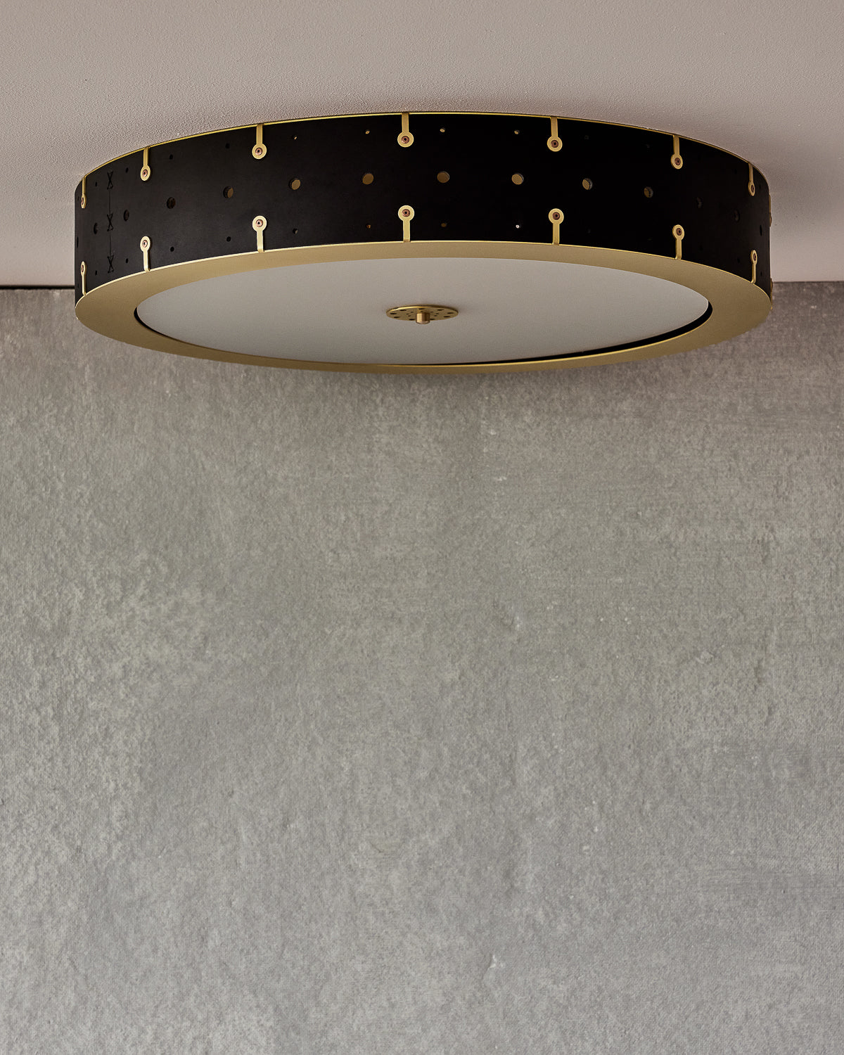 Beautiful satin brass flush mount ceiling fixture with handstitched leather drum shade #leather-finish_black harness #size_24" drum