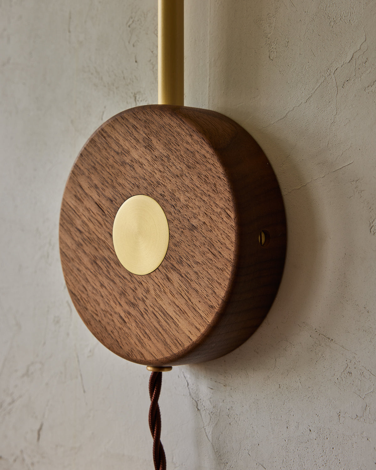 Wooden wall-mounted light fixture with brass accents on a neutral background  #wiring_plug-in