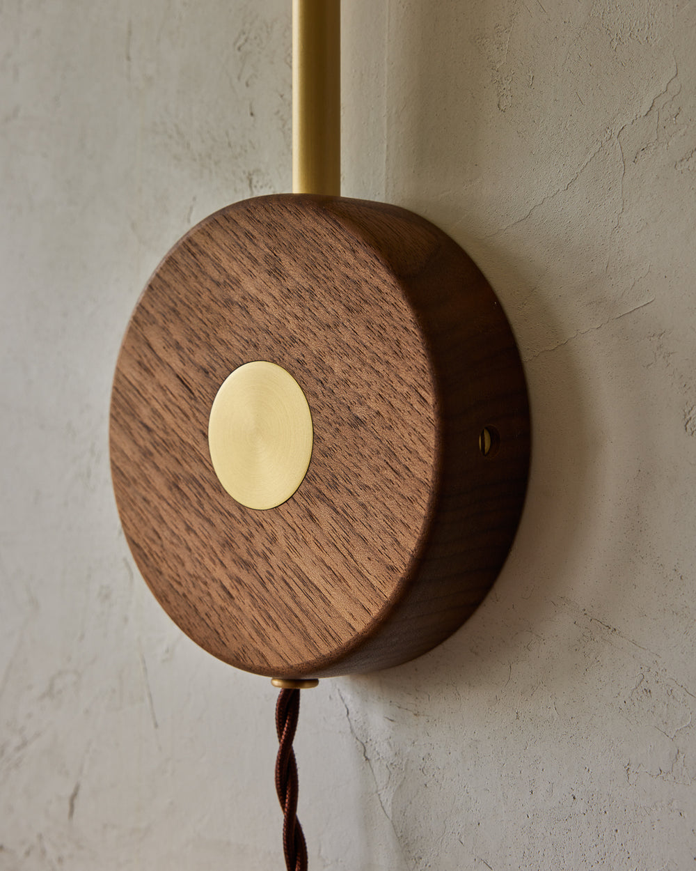 Wooden wall-mounted light fixture with brass accents on a neutral background  #wiring_plug-in