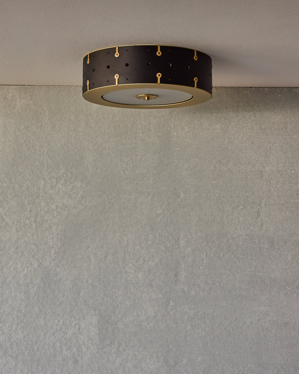 Beautiful satin brass flush mount ceiling fixture with handstitched leather drum shade #leather-finish_black harness #size_14" drum