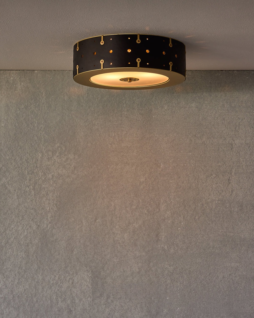 Beautiful satin brass flush mount ceiling fixture with handstitched leather drum shade #leather-finish_black harness #size_14" drum