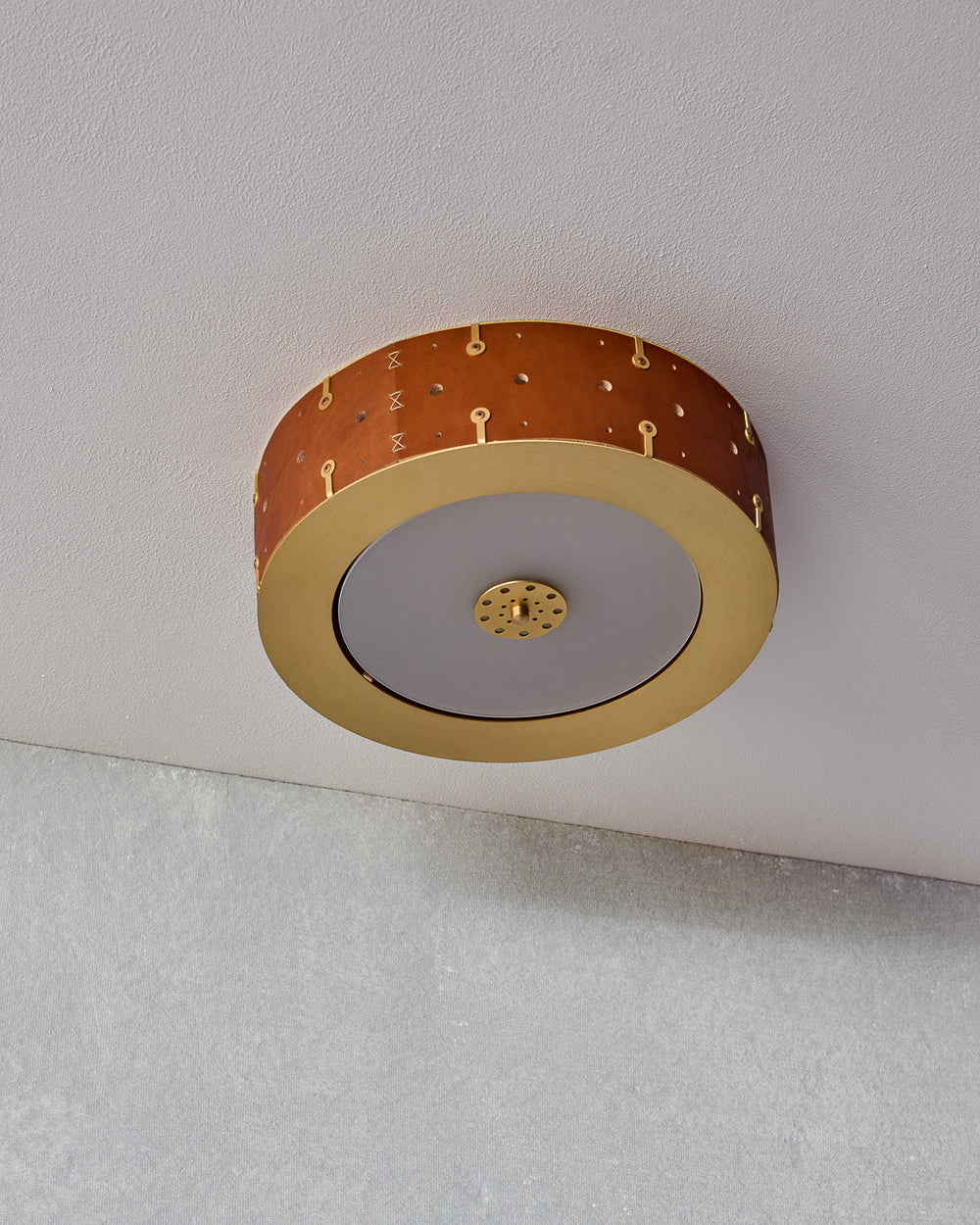 Beautiful satin brass flush mount ceiling fixture with handstitched leather drum shade #size_14" drum #leather-finish_tan harness