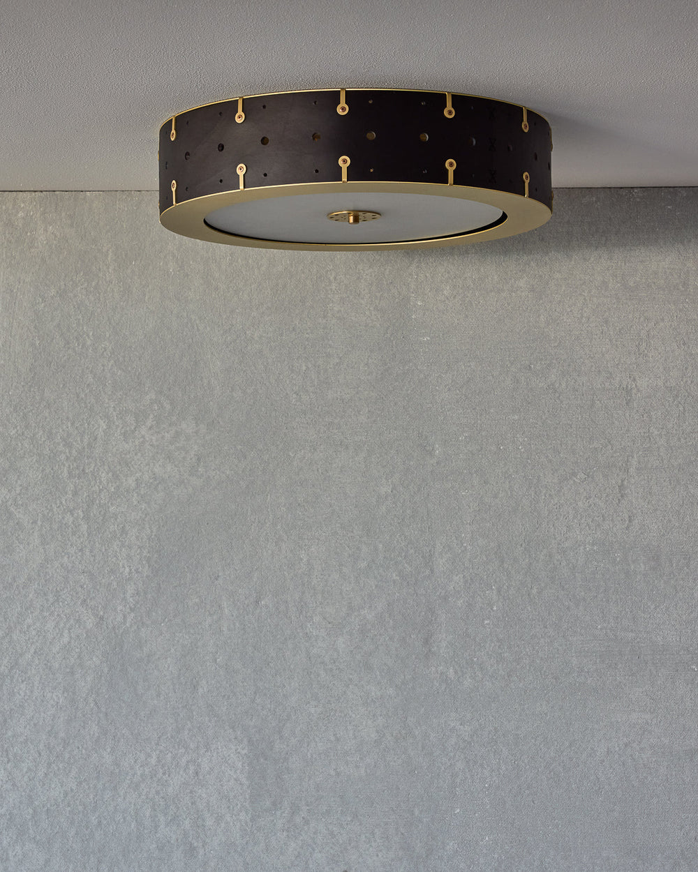 Beautiful satin brass flush mount ceiling fixture with handstitched leather drum shade #leather-finish_black harness #size_18" drum