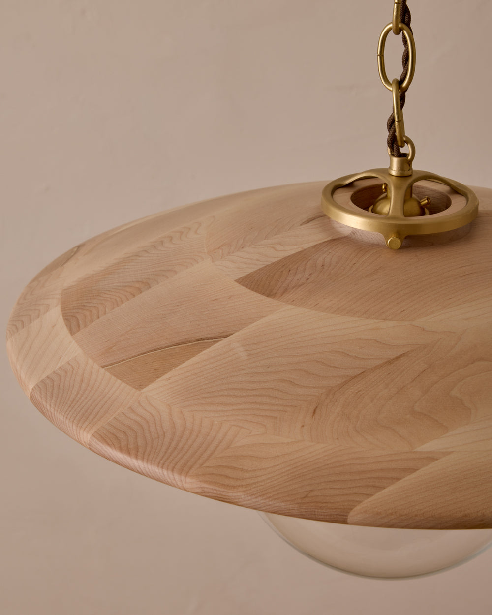Large pendant light with oversized clear glass globe and decorative wooden clear maple shade with brass chain #shade-finish_clear maple #globe_clear glass #cord-color_brown