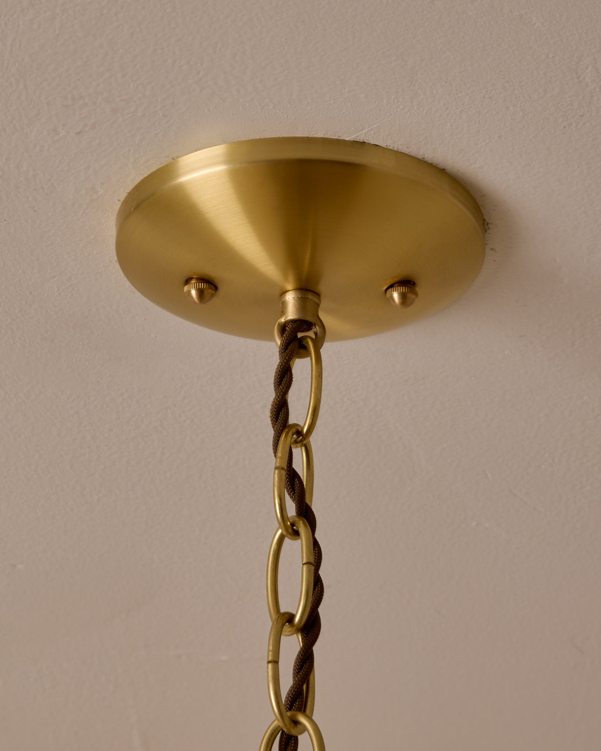 Large pendant light with oversized clear glass globe and decorative wooden clear maple shade with brass chain #cord-color_brown