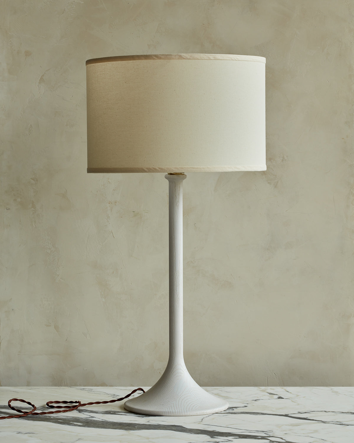 Large Trumpet table lamp with white wash finish and ivory drum shade #wood-finish_white wash red oak #shade-color_ivory linen