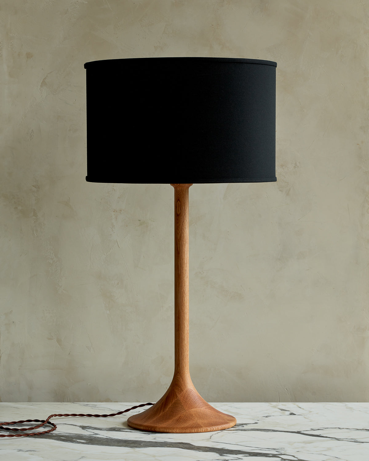 Large Trumpet table lamp with natural finish and black drum shade #wood-finish_natural red oak #shade-color_black linen