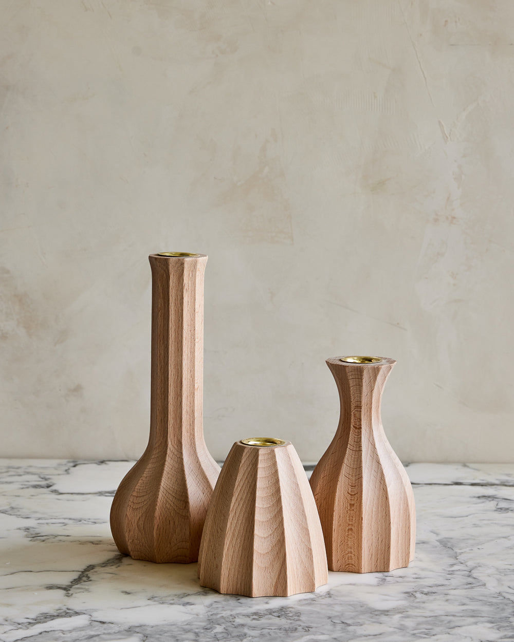 Trio of natural maple wooden candle holders with delicate grooves #wood-finish_natural maple