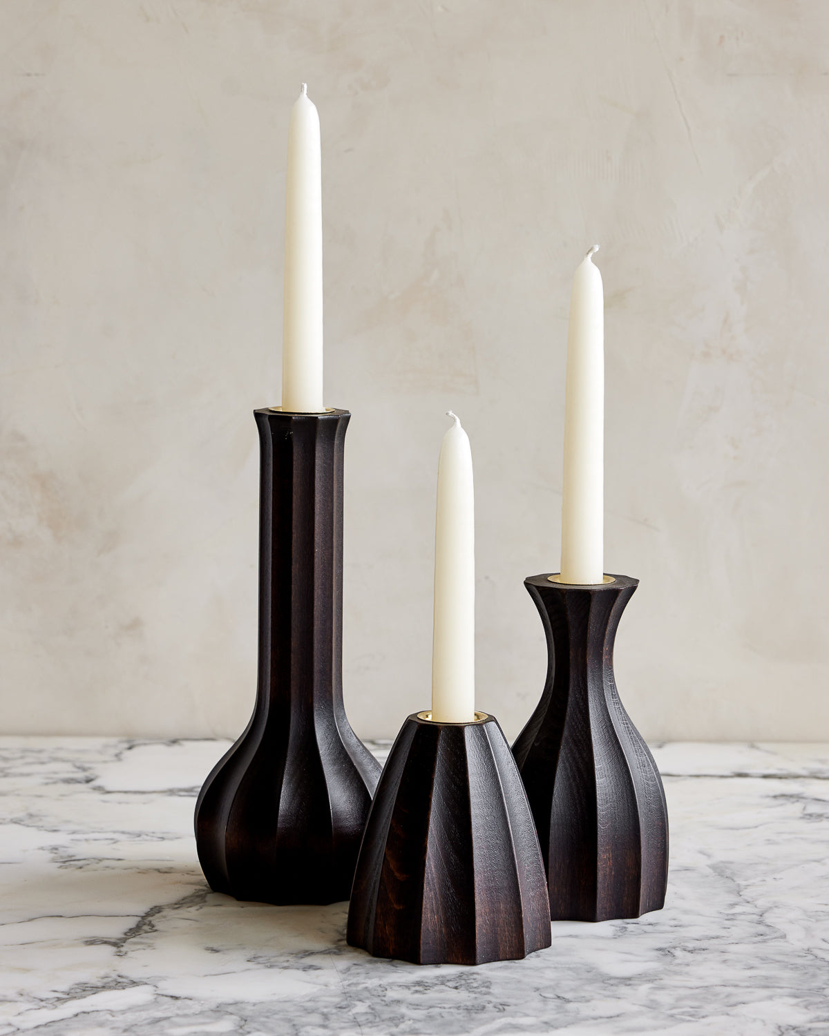 Trio of dark wash maple wooden candle holders with delicate grooves #wood-finish_dark wash maple