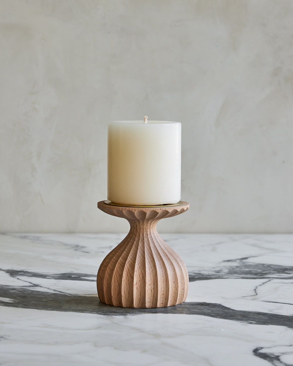 Short grooved natural maple wooden pillar candle holder with brass accents with white pillar candle #wood-finish_natural maple