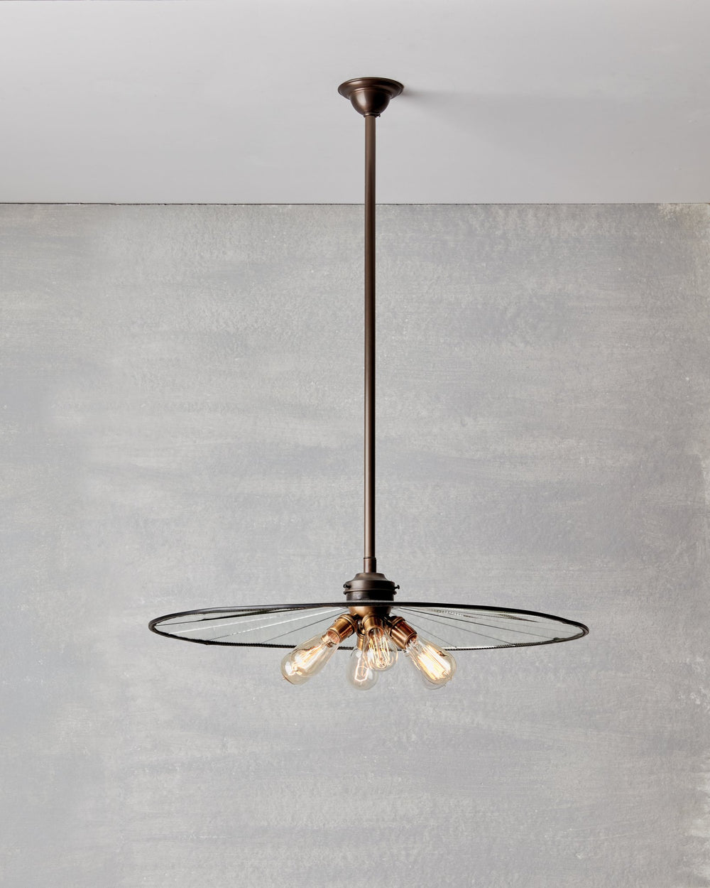 Large flat mirrored ceiling pendant with exposed lightbulbs. Made by RTO Lighting in Philadelphia. Hardwired light fixture. Simple interior design, made in the USA. #size_29" diameter